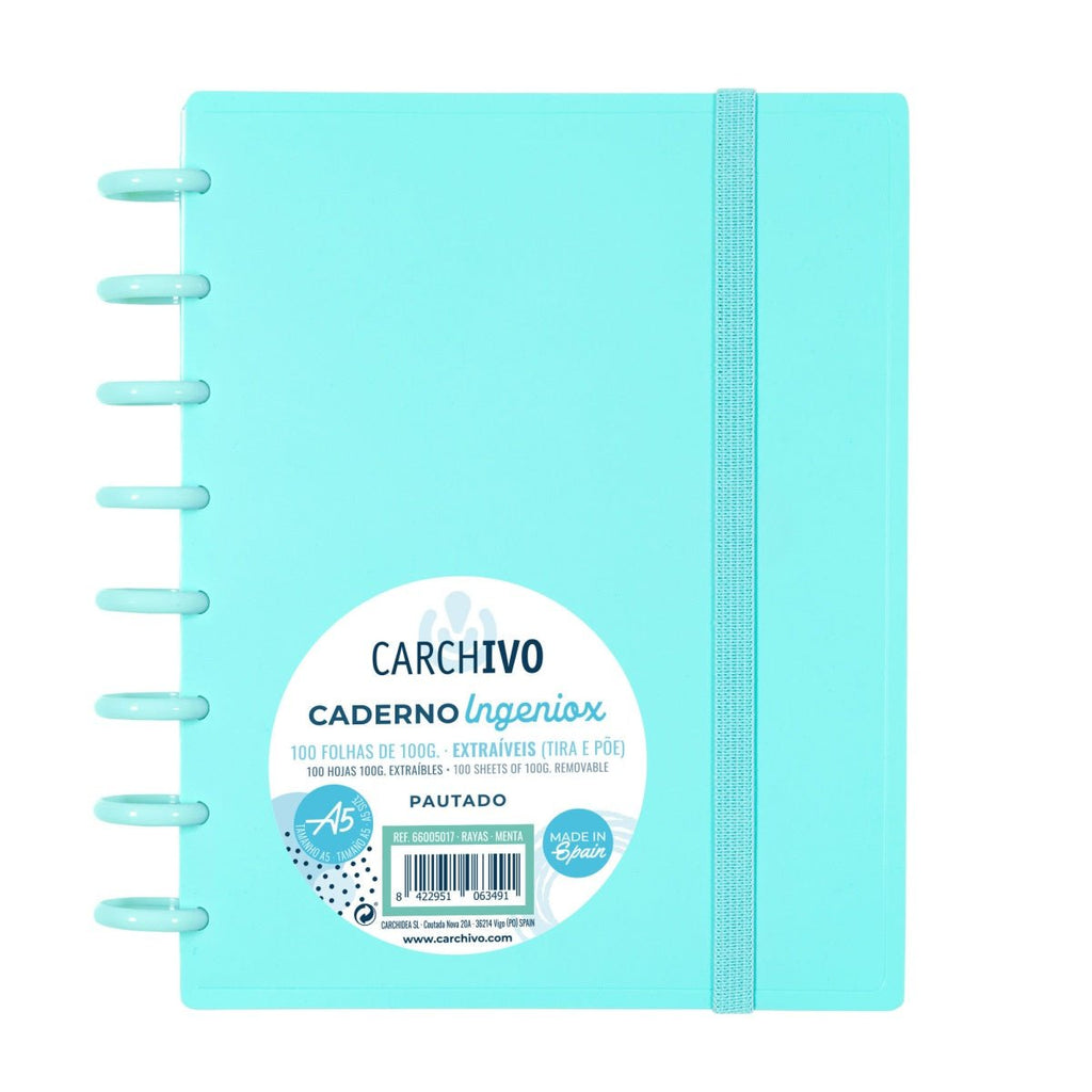 Caderno Ingeniox A5 Pautado 100 Folhas com Elástico Menta Pastel - Papelaria - Ingeniox