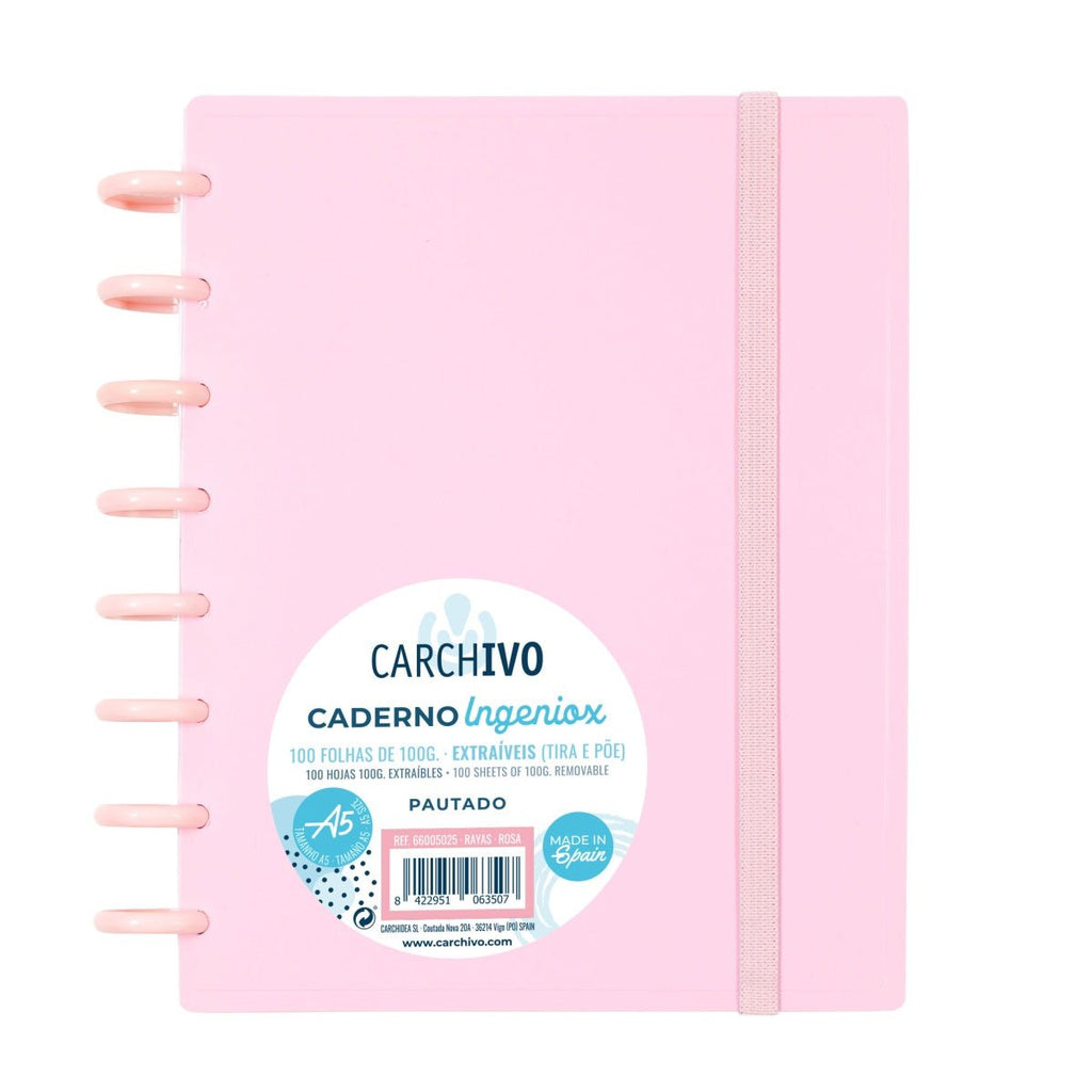 Caderno Ingeniox A5 Pautado 100 Folhas com Elástico Rosa Pastel - Papelaria - Ingeniox