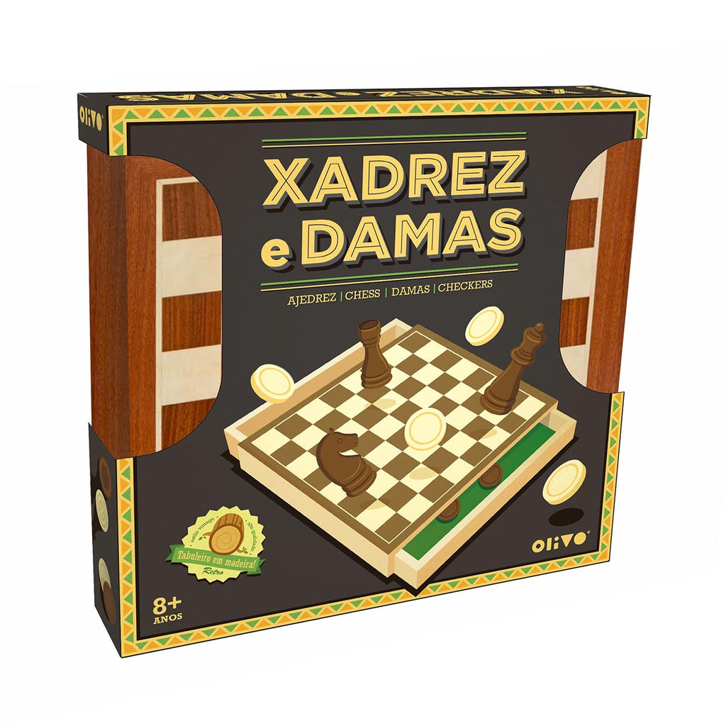 Jogo de Xadrez e Damas em Madeira - Tabuleiro 2 em 1 - Jogos e Puzzles - OLIVO