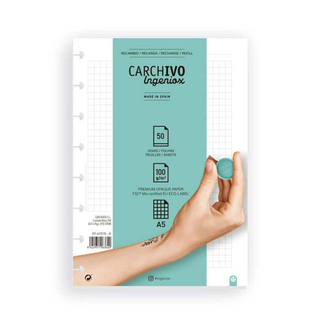 Conjunto de 2 Recargas A5 para Caderno Ingeniox Quadriculado 50 Folhas - Papelaria - Ingeniox