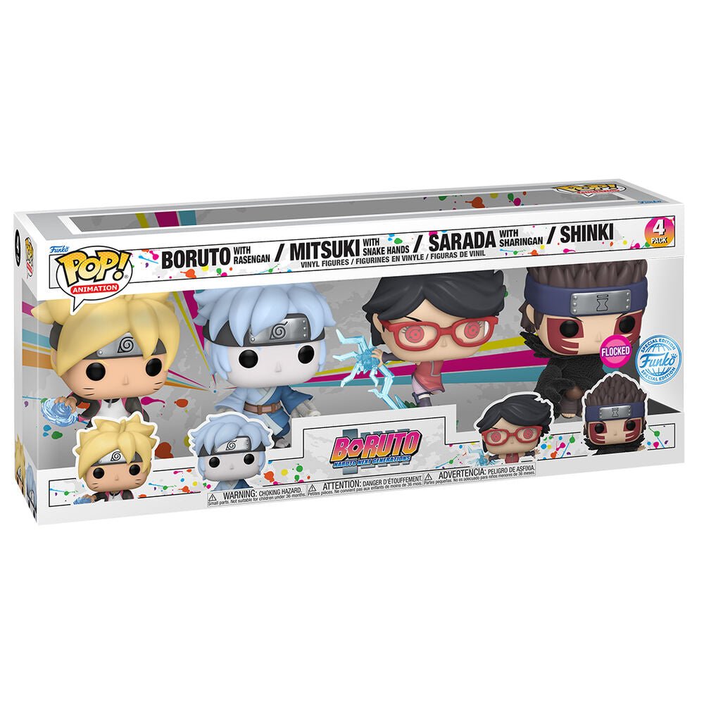 Pack Exclusivo POP! Boruto: Naruto Next Generations – Boruto, Mitsuki, Sarada e Shinki (Edição Flocked) - Colecionáveis - Funko